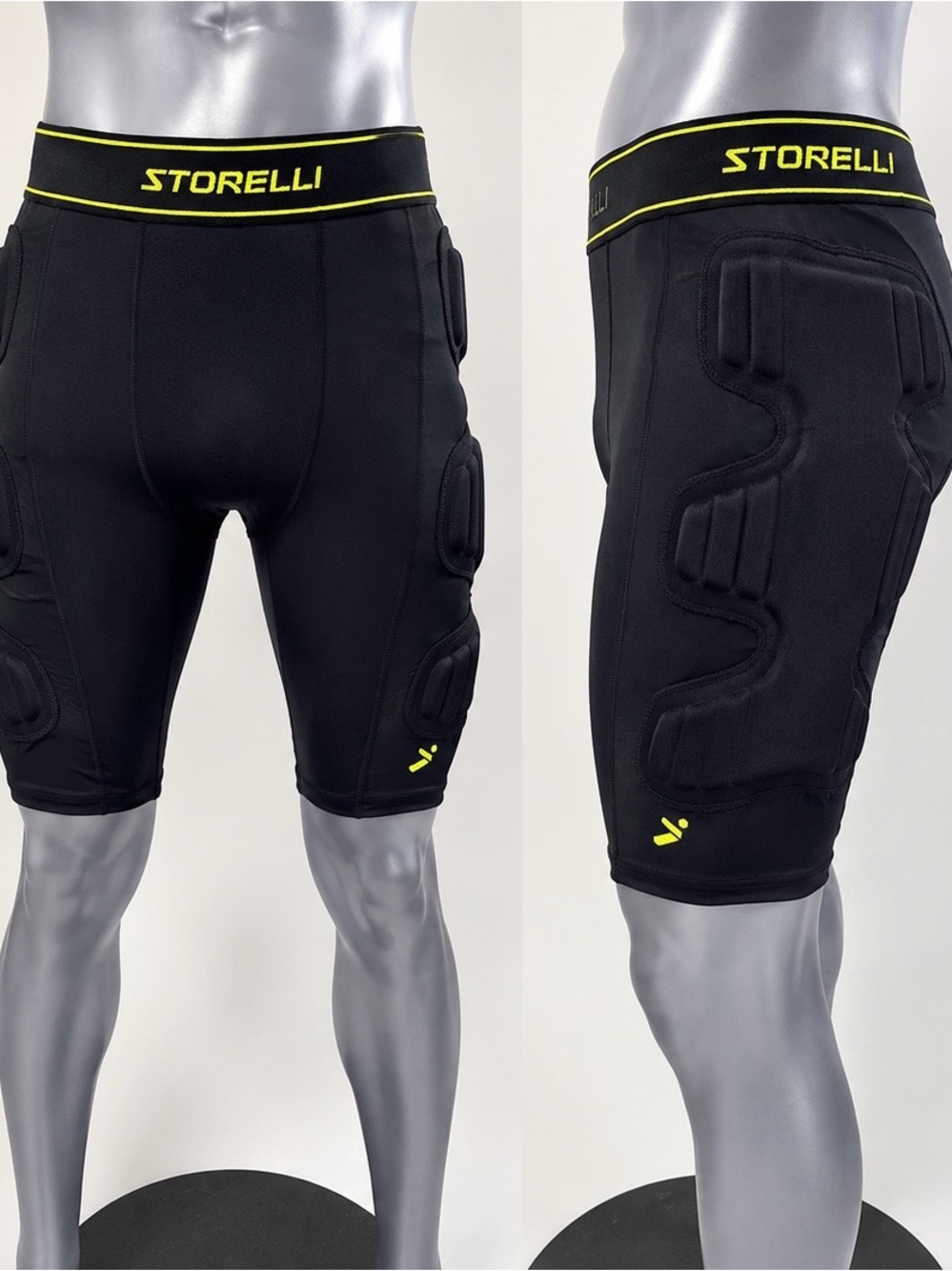 Storelli Men’s Black Padded Athletic Compression Shorts  Size L with Yellow Trim